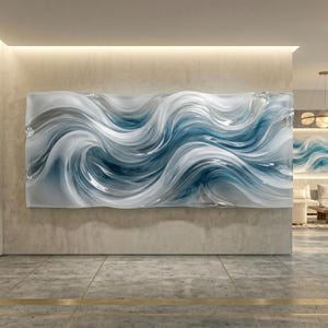May include: A large, rectangular wall art piece featuring a flowing wave design in shades of blue, white, and gray. The artwork has a three-dimensional effect, creating a sense of movement and depth. The piece is mounted on a neutral-colored wall.