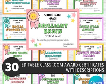 Editable Classroom Award Certificates: 30 End of Year Designs (Canva Template)