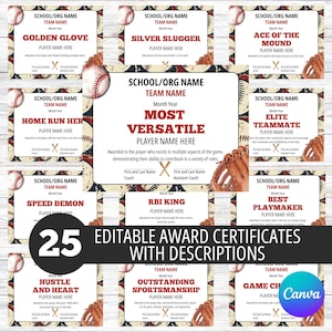 25 Editable Baseball Certificates, Baseball Team Party, Canva Template, End of Season Baseball Award, Award Ceremony Certificates