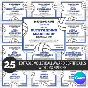 25 Editable Volleyball Certificates, Volleyball Team Party, Canva Template, End of Season Volleyball Award, Award Ceremony Certificates