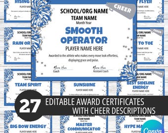 May include: A collection of 27 editable award certificates with cheer descriptions. Each certificate features a blue and white design with text such as "Smooth Operator" and "Team Spirit". The certificates are designed for cheerleading teams.