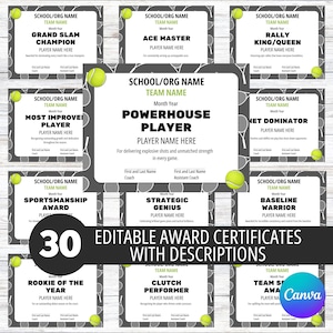 30 Editable Tennis Certificates, Tennis Team Party, Canva Template, End of Season Tennis Award, Award Ceremony Certificates