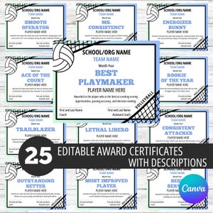 25 Editable Volleyball Certificates, Volleyball Team Party, Canva Template, End of Season Volleyball Award, Award Ceremony Certificates