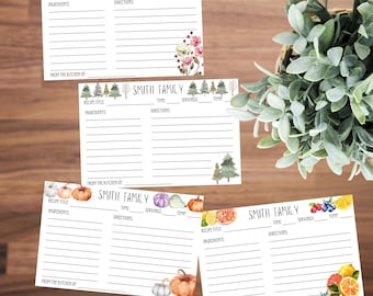May include: Four printable recipe cards with a white background and floral, tree, pumpkin, and citrus illustrations. Each card has sections for recipe title, ingredients, time, directions, servings, and temperature. The text "Smith Family" appears at the top of each card.