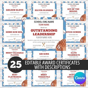 25 Editable Baseball Certificates, Baseball Team Party, Canva Template, End of Season Baseball Award, Award Ceremony Certificates