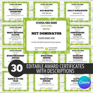 30 Editable Tennis Certificates, Tennis Team Party, Canva Template, End of Season Tennis Award, Award Ceremony Certificates