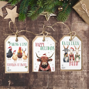 Holiday Farm Animal Gift Tags, Funny Farm Animal Gift Tags, Holiday Printable Labels, Christmas Printable, Christmas Chicken, Christmas Cow