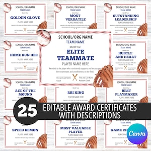 25 Editable Baseball Certificates, Baseball Team Party, Canva Template, End of Season Baseball Award, Award Ceremony Certificates