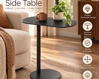 Modern Black Oval Side Table, Minimalist Pedestal End Table, Contemporary Sofa Side Table, Small Living Room Accent Table