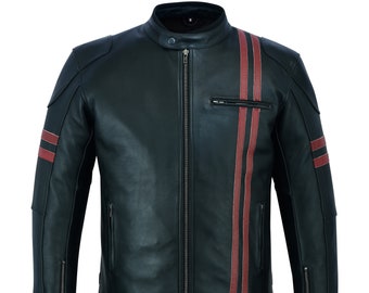 PROWL Chaqueta de cuero cortavientos negra de piel de cordero real para hombre - Chaqueta de motociclista de cuero original Slim Fit para hombre con rayas rojas - Regalo para él