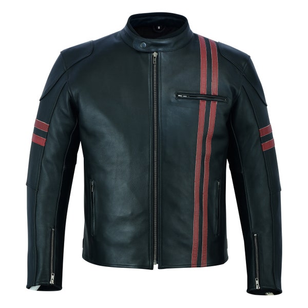 PROWL Real Lambskin Black Windbreaker Leather Jacket for Men - Original Leather Slim Fit Men's Biker Jacket with Red Stripes - Gift for him