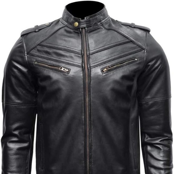 PROWL Real Lambskin Black Leather Jacket for Men - Genuine Leather Slim Fit Men's Biker Jacket with white Stripes - Gift for him