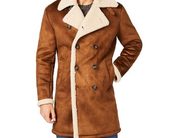 PROXL Langer Dufflecoat aus karibischem Schaffell für raue Winter mit Pelzkragen - Herren Single Panel Faux Shearling Trenchcoat