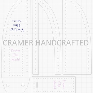 Może przedstawiać: Cyfrowy wzór na skórzany model klipsa do kieszeni. Wzór zawiera tekst "Pocket Clip Model" i "CRAMER HANDCRAFTED".