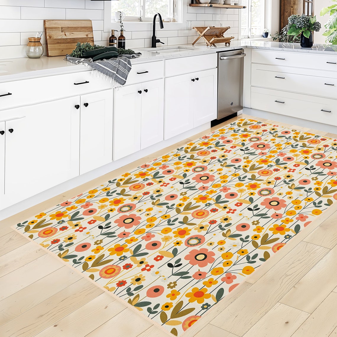 Boho Floral Rug Cottagecore Decor Area Rug Colorful Rugs Boho Room Decor Accent Rug Retro ...