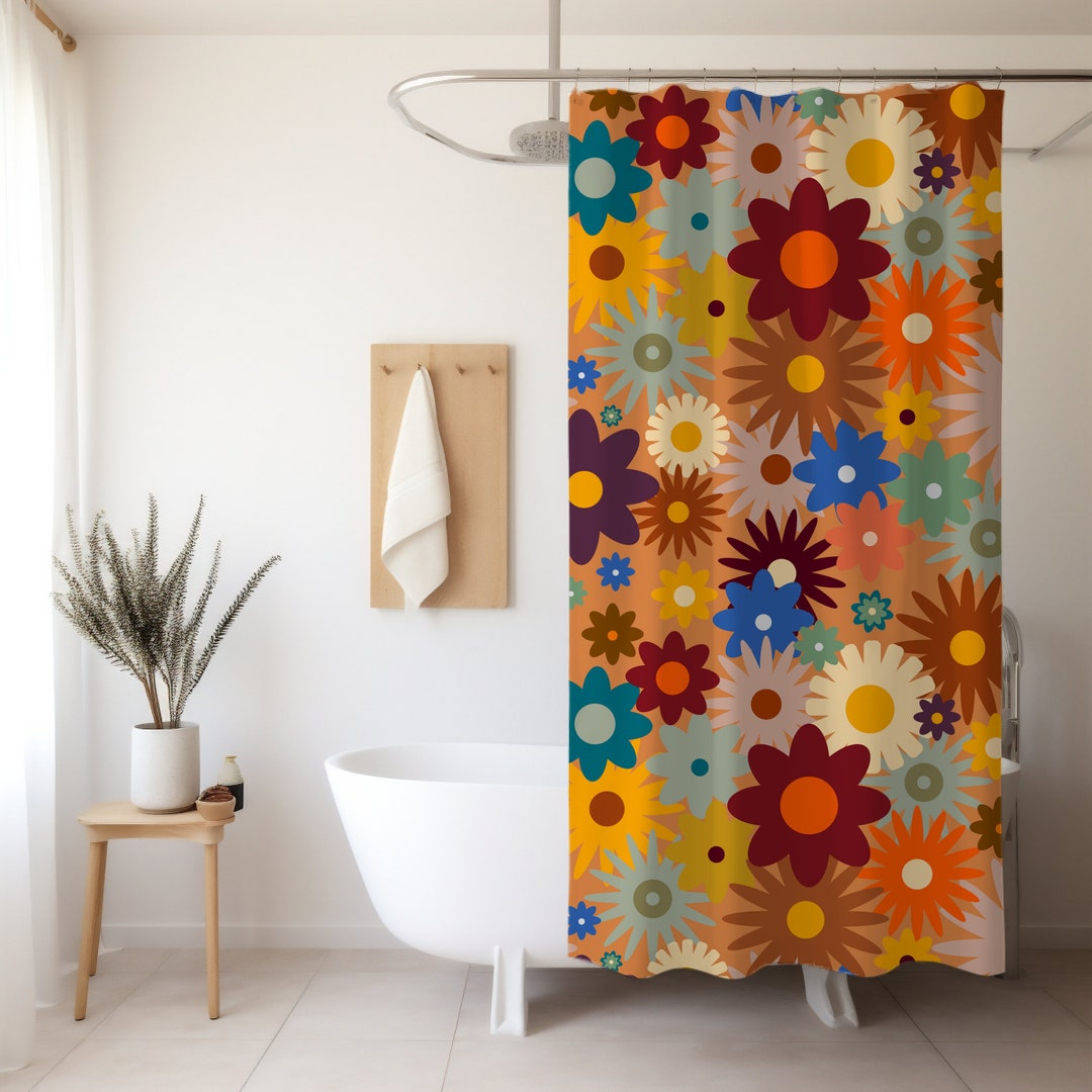 70s Floral Shower Curtain Retro Shower Curtain Vintage Botanical Shower ...