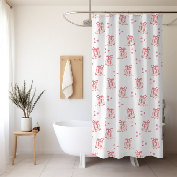 Pink Cowgirl Shower Curtain Girly Western Bathroom Decor Coquette Cowboy Boots and Bows Long Fabric Shower Curtain Girly Stuff