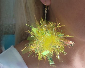 Handmade Yellow Iridescent Pom Pom Tinsel Earrings