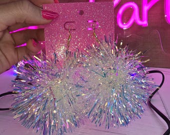 Handmade Clear Irridescent Pom Pom Tinsel Earrings