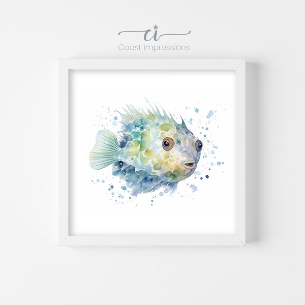 Whimsical Puffer Fish 2 set of 3 watercolor printed wall art on textured Watercolor Paper, coastal art, bathroom, kids room, nursery art