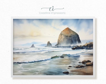 Misty Morning at Cannon Beach, Watercolor Seascape Wall Art, North West Coast United States Beach, Rocky Beach, Textured Watercolor Paper