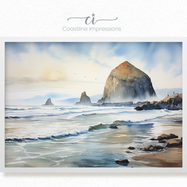 Misty Morning at Cannon Beach, Watercolor Seascape Wall Art, North West Coast United States Beach, Rocky Beach, Textured Watercolor Paper