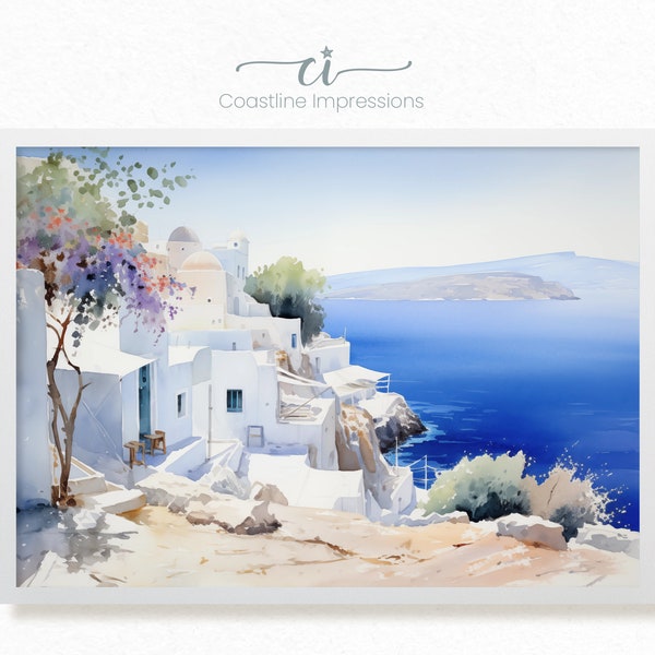 Azure Tranquility: Greek Islands Coastal Bliss watercolor printed on textured watercolor matte paper, Wall Art, Coastal, Mediterranean Art