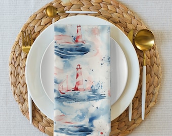 Watercolor Lighthouse Cloth Napkin Set of 4, Dining Host, Lighthouse lover gift idea, Patriotic, Americana, Whimsical Print, Fourth of July