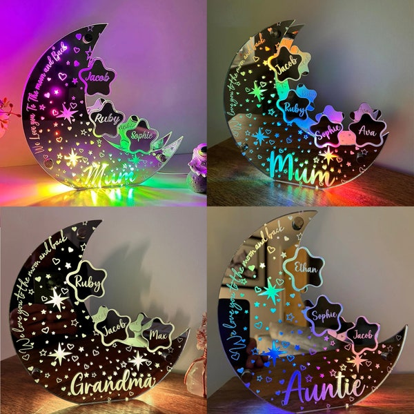 LED Star Moon Mirror Decoration - Personalized Family Name - Warm Home Decoration - Mother's Day Gift - Gifts for Mom/Grandma/Auntie