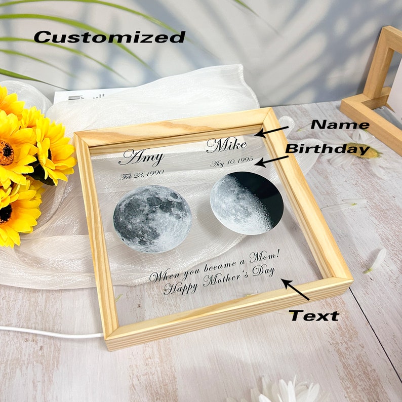 LED Moon Frame Decoration Personalized commemorative day Universe Custom Moon Phase Print Moon frame Mother's Day gift image 6