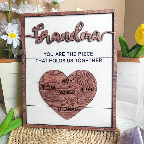 Mom/Grandma Jigsaw Frame,Name Puzzle Piece Wall Decor,Popular Unique Mother's Day Gift,You are the piece that holds us together,Family Name