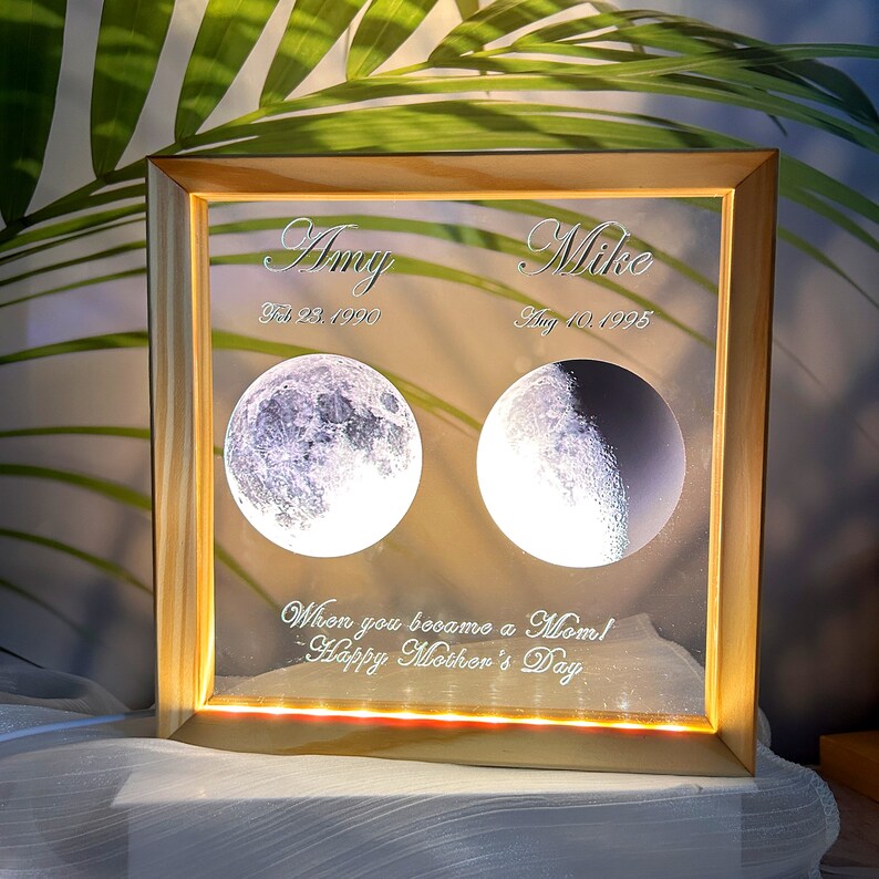 LED Moon Frame Decoration Personalized commemorative day Universe Custom Moon Phase Print Moon frame Mother's Day gift image 1