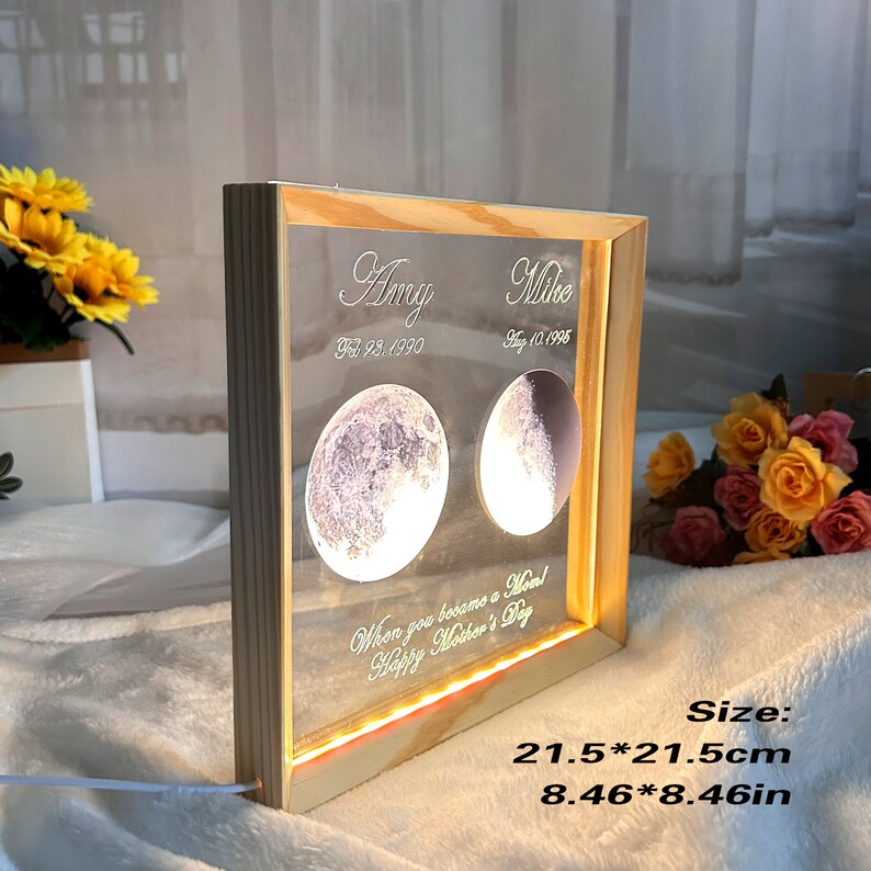 LED Moon Frame Decoration Personalized commemorative day Universe Custom Moon Phase Print Moon frame Mother's Day gift image 4