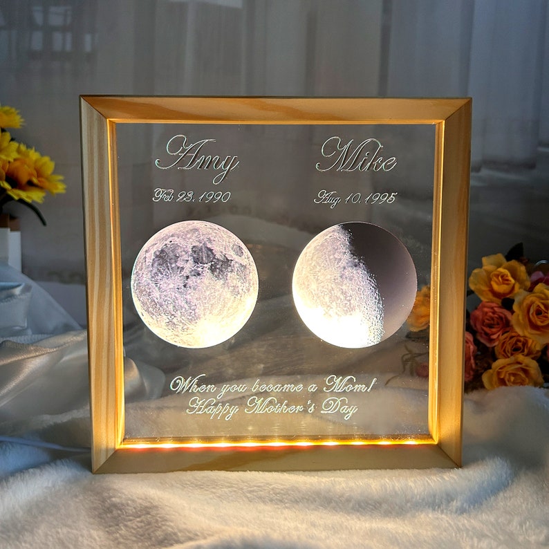 LED Moon Frame Decoration Personalized commemorative day Universe Custom Moon Phase Print Moon frame Mother's Day gift image 3