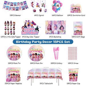 May include: A 15-piece birthday party decor set including a banner, balloons, cake toppers, plates, cutlery, and more. The set features a tablecloth, paper napkins, and cups. The theme includes the text "Birthday Party Decor 15PCS Set".