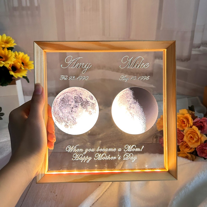 LED Moon Frame Decoration Personalized commemorative day Universe Custom Moon Phase Print Moon frame Mother's Day gift image 2