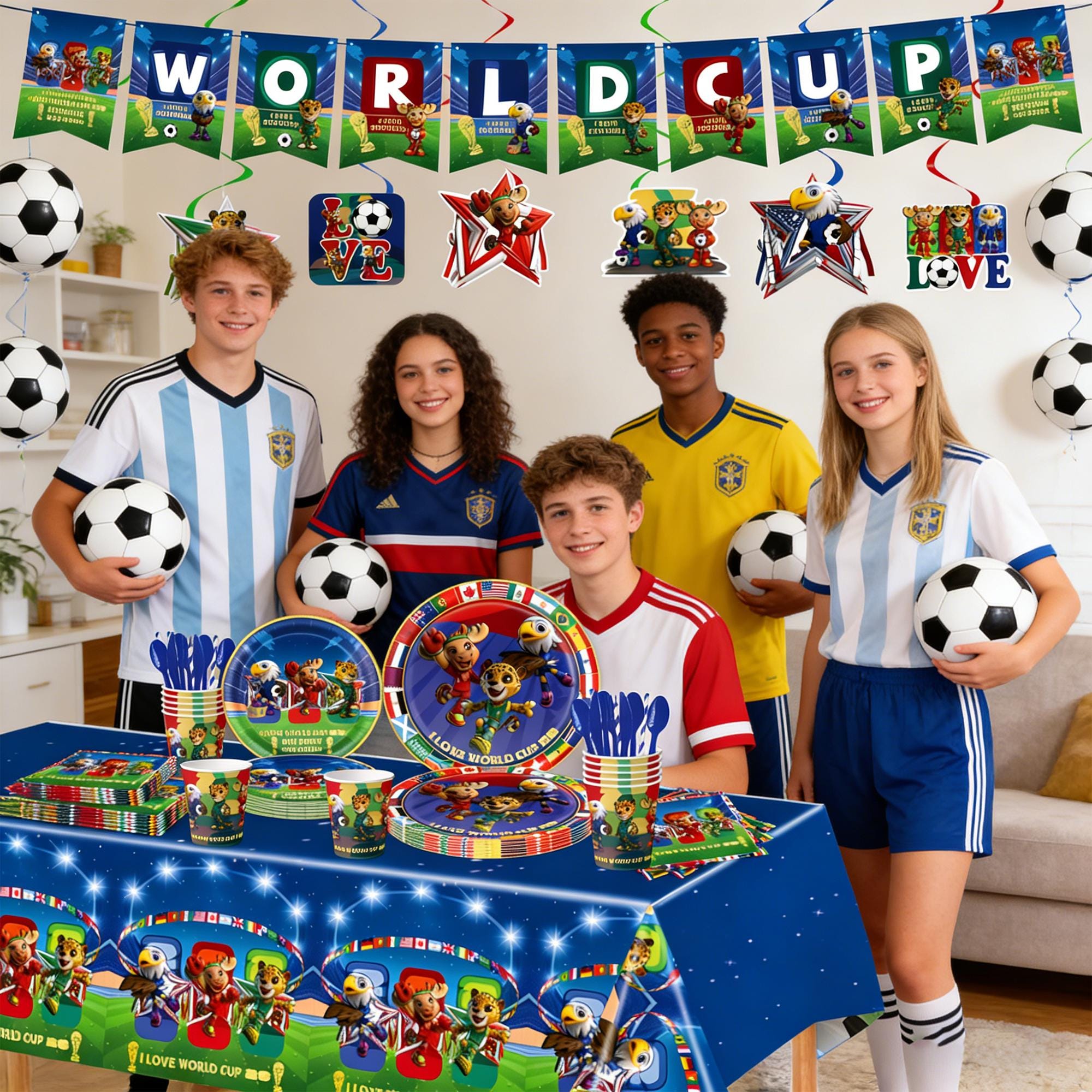 Wor1d C*p Party Decoration, Mascot, Football Fan, Banner, Balloons