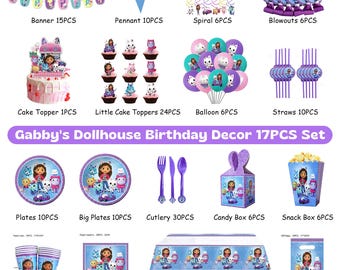 Gabby's Dollhouse Birthday Party Decoration Bundle: Banner, Balloons, Cake Topper, Backdrop