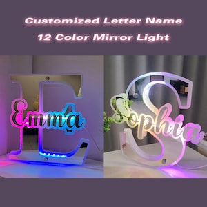 Espejo con nombre y letras LED de 12 colores, personalizado, con control remoto, luminoso, para dormitorio.