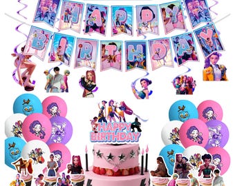 May include: A pink birthday party decoration set. The set includes a banner that spells "HAPPY BIRTHDAY", balloons, a cake topper, cupcake toppers, and a cake. The cake is pink with strawberries and black lightning bolt decorations.