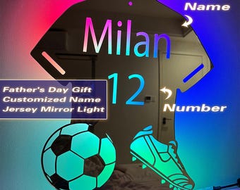 Personalized LED Jersey Mirror: 12-Color Remote, Custom Name & Number, Christmas Eve Gift