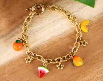 Tropical bracelet, custom polymer clay fruits charms, big chain 24K gold plated stainless steel, unique jewelry, perfect gift idea