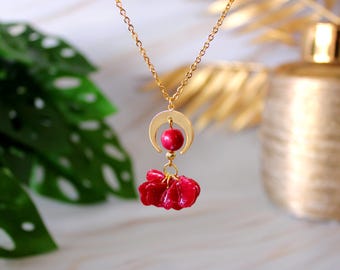 Custom Petal & Moon Necklace, 24K Gold Plated Stainless Steel, Handmade Polymer Clay Jewelry, Moon Charm, Boho, Perfect Gift for Her