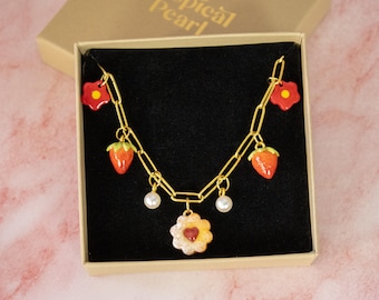 Strawberry Necklace, 24K Gold Plated Stainless Steel, Handmade Polymer Clay Jewelry, cute charms, natural shell pearls, Perfect Gift for Her