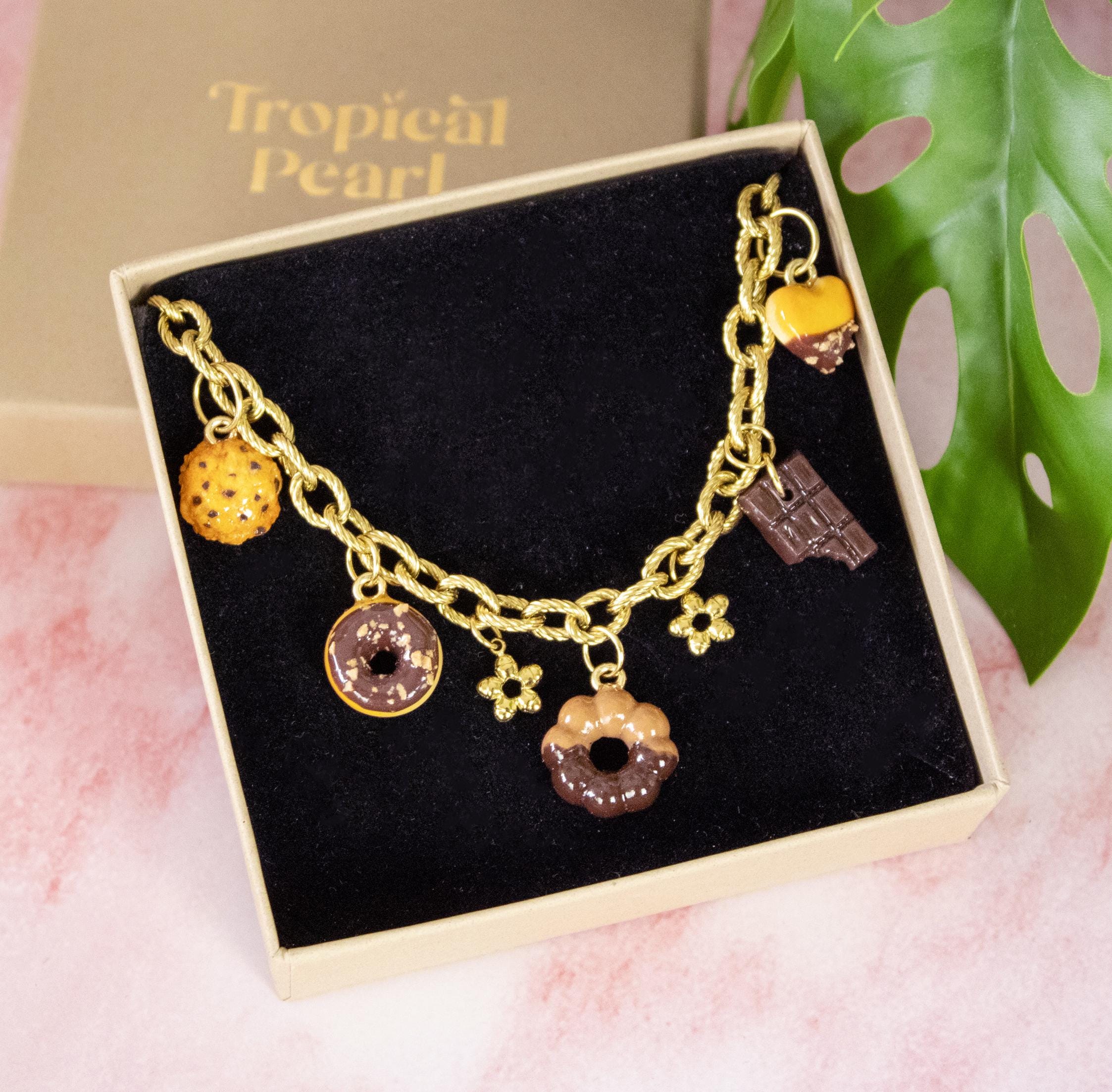 Chocolate Necklace, 24K gold plated stainless steel big chain, handmade polymer clay jewelry, cute food charms, perfect gift idea
