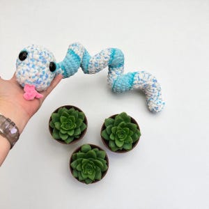 May include: A handmade crochet snake toy in blue, white, and pink, with black eyes and a pink tongue. Three small potted succulents are arranged below the snake on a white surface.