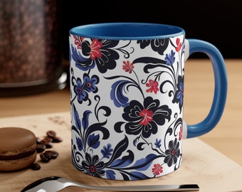 Blue and Red Tropical Floral Accent Coffee Mug, 11oz