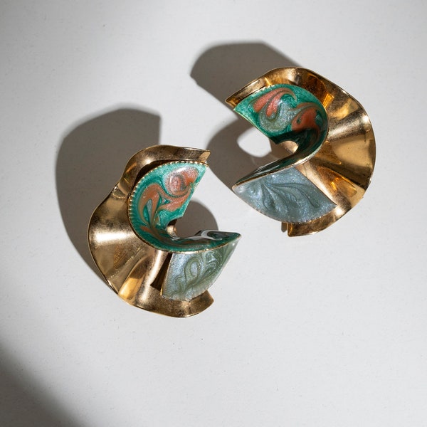 Vintage Modernist Gold Tone and Teal Enamel Twisted Earrings