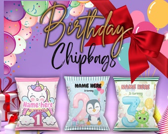 60 Chip Bag Favors, Custom Bags, Personalized Chip Bag, Birthday Party, Editable Templates