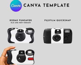 May include: A Canva template graphic featuring three disposable cameras. Two Kodak Funsaver cameras, one with a red shutter button, and one Fujifilm Quicksnap camera are displayed with their respective labels against a light gray background.